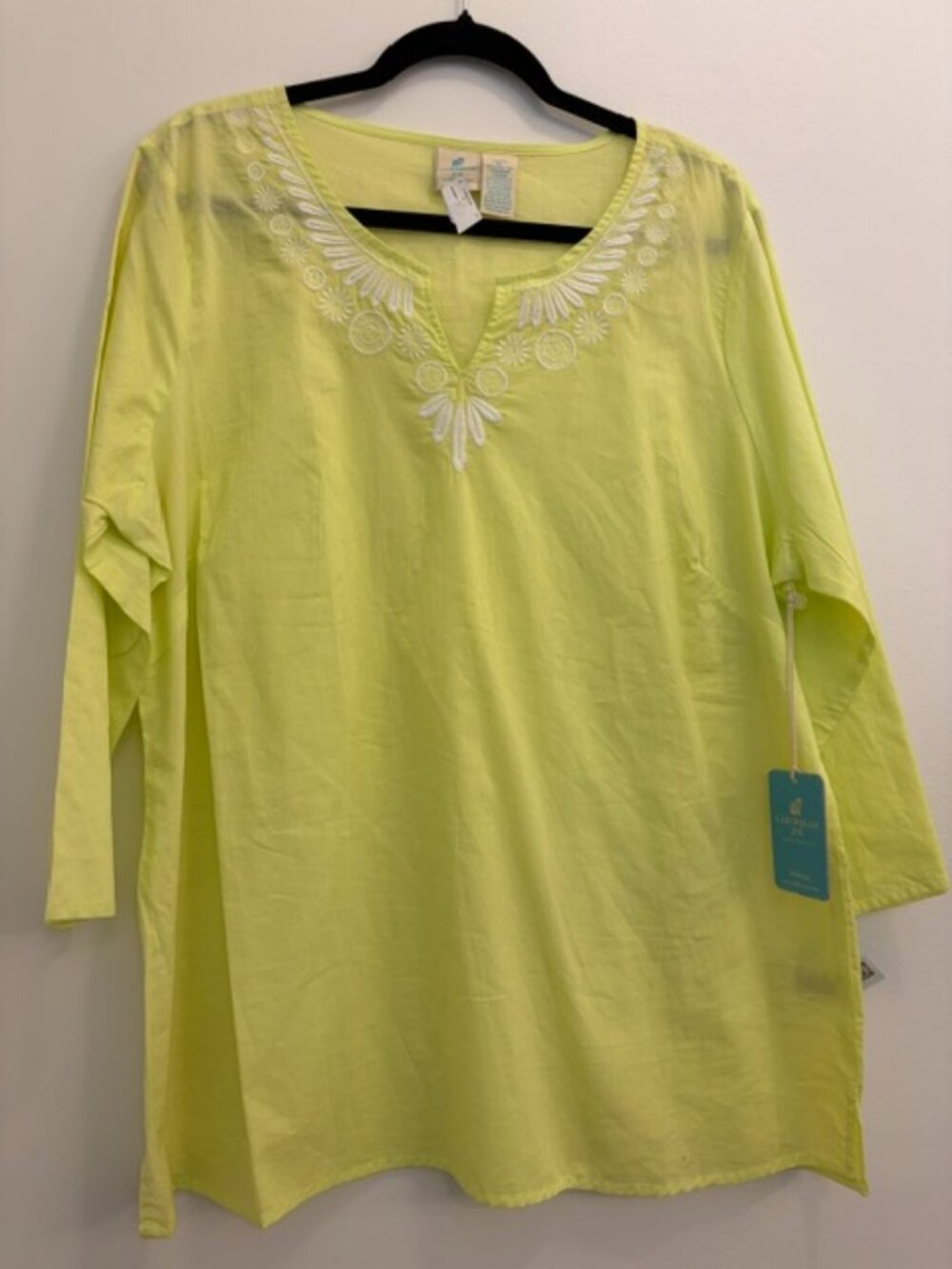 Caribbean Joe Womens Embroidered Lime Tunic 100% Cotton 3/4 Sleeve Sz 1X